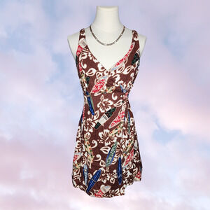 Vtg Hilo Hattie The Hawaiian Original 80's Brown Mini Floral Hibiscus Wrap Dress